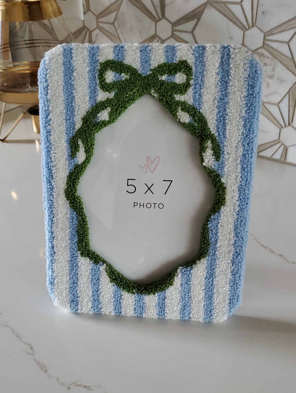 Handcrafted Blue & White Striped Photo Frame with Green Bow Accent